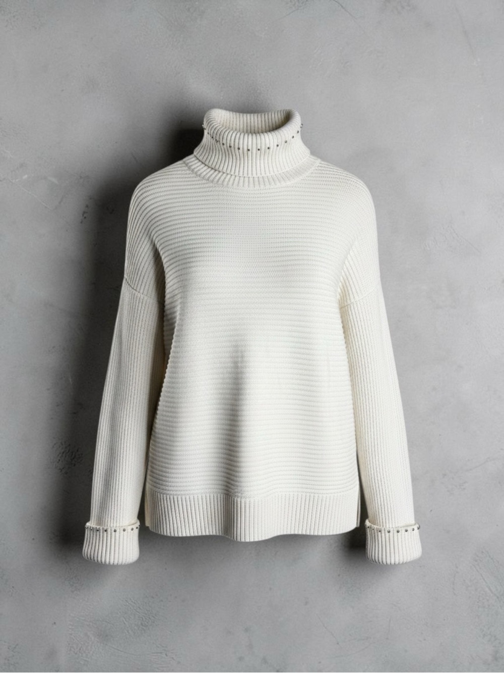 Pure Collection Ivory Wool Cotton Ribbed Turtleneck Sweater Studded US 10
